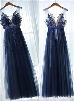 Picture of Charming Blue Lace Applique Prom Dresses, A-line Blue Bridesmaid Dresses